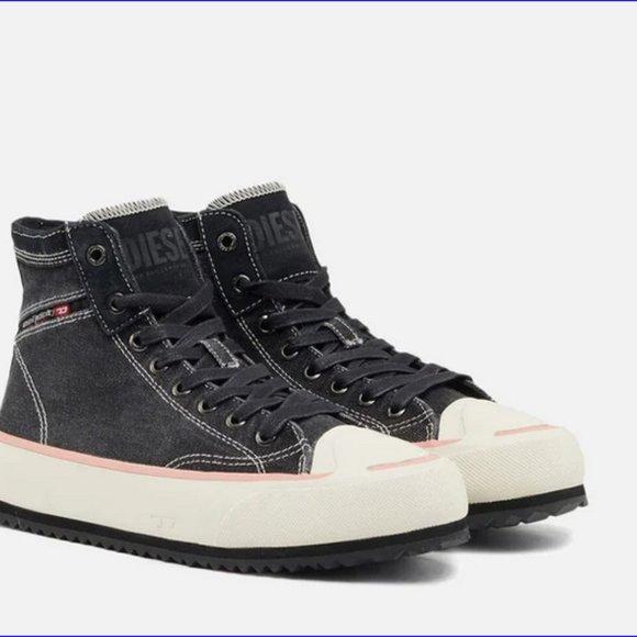 DIESEL S-Principia Mid Lace up Platform Sneakers Denim Canvas Shoes Black Coral - Picture 3 of 11